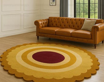 May include: A circular rug with a scalloped edge, featuring a deep burgundy centre and concentric circles in shades of yellow and gold. A brown leather sofa is visible in the background. The rug's diameter is approximately 200 cm.