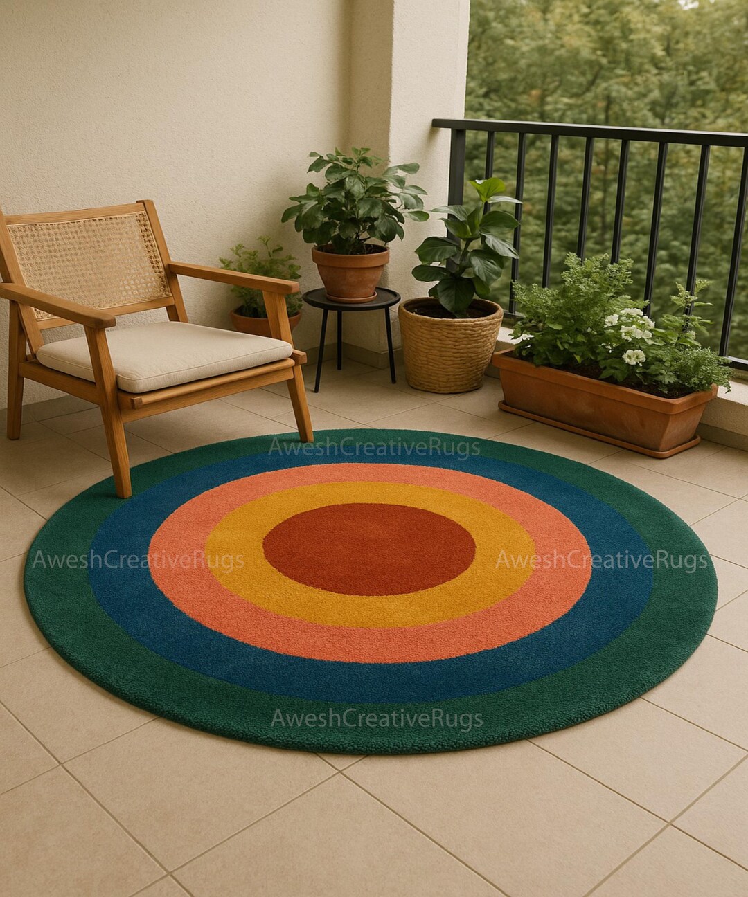 Handmade Wool Round Rug, Colorful Concentric Circle Pattern, Boho Decor ...