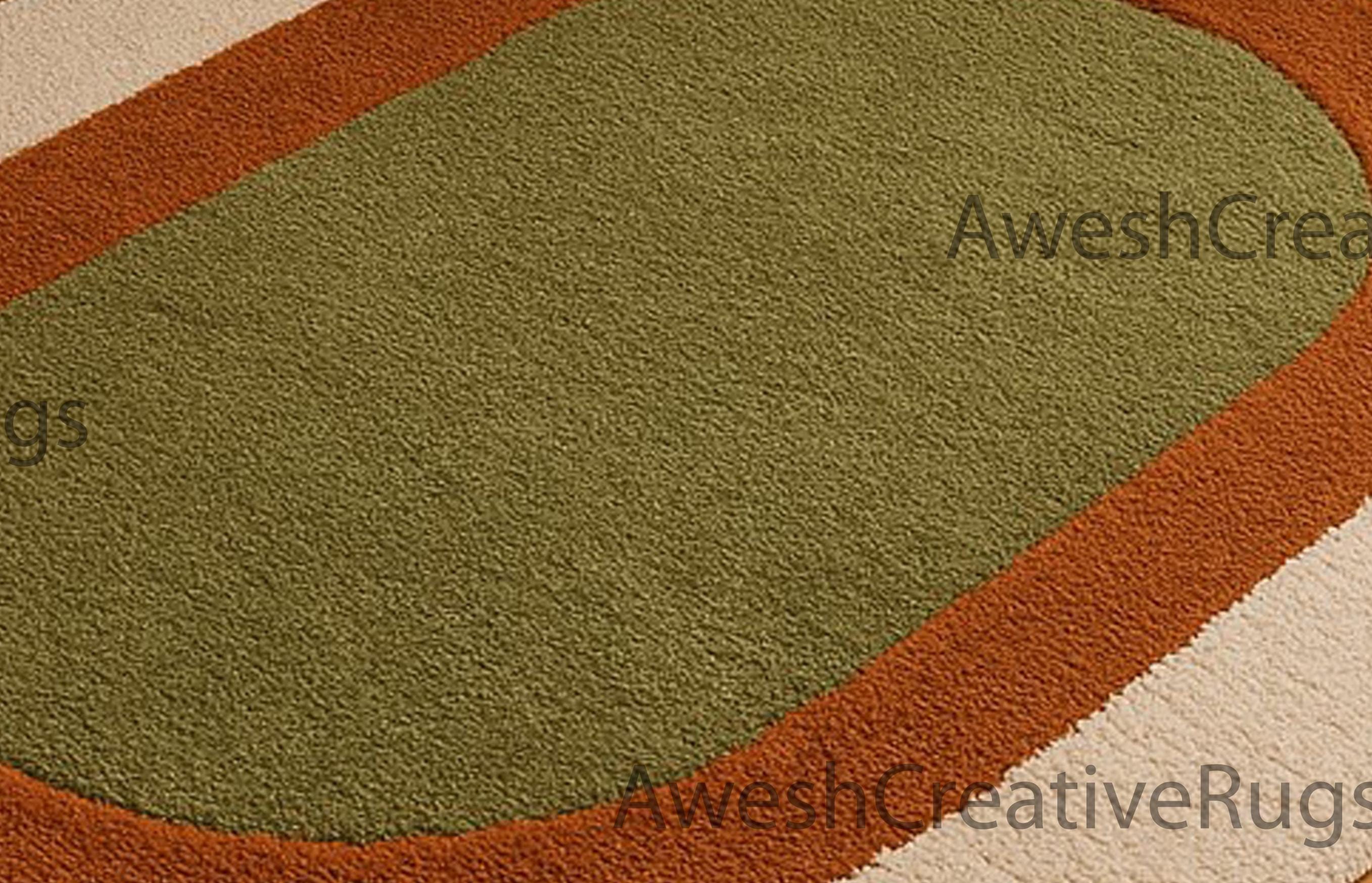 Mid-century Modern Oval Rug: Retro Green & Rust Geometric, Tufted Wool ...