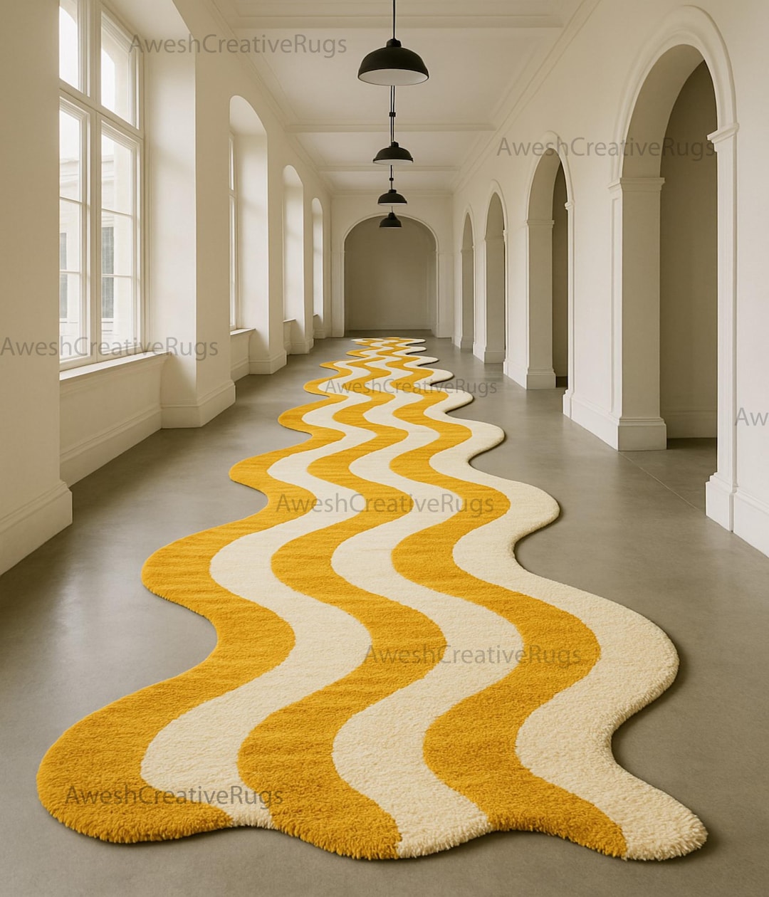 Fluffy Curvy Rug Modern Wavy Runner Rug – Yellow & Cream Hallway Rug | Aesthetic Curvy ...