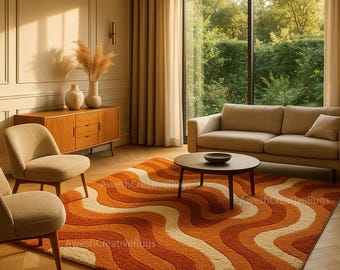 Retro Orange Wave Wool Rug: Mid Century Modern 70s Decor