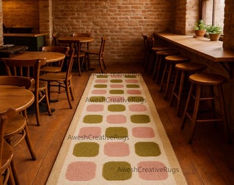 Mid-Century Modern Runner Rug, Retro Geometric Wool Hallway & Kitchen Carpet, Hand-Tufted Café Runner