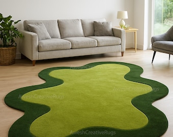 Hand-Tufted Wool Rug: Modern Green Abstract Blob Shape