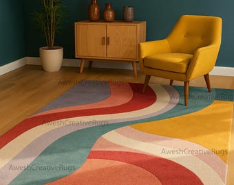 Modern Abstract Area Rug, Colorful Wavy Pattern Rug, Handmade Tufted Wool Rug, Mid Century Modern Carpet, Living Room Decor