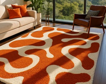 Orange Wavy Abstract Rug | Mid-Century Modern Plush Carpet