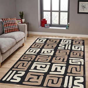 African Mudcloth Inspired Rug: Geometric Abstract Area Rug