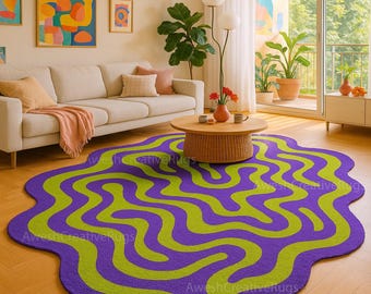 Handmade Tufted Rug | Purple & Green Wavy Abstract Pattern