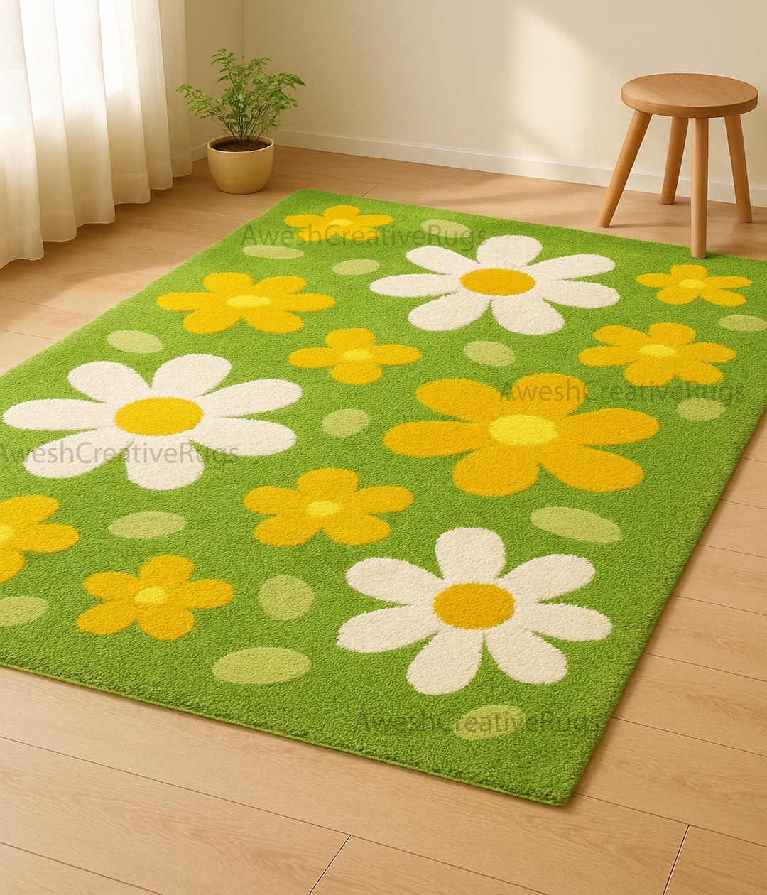 Handmade Green Daisy Rug – Tufted Floral Accent Rug - Etsy