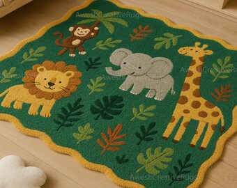 Jungle Animals Nursery Rug: Safari Lion, Elephant, Giraffe Play Mat