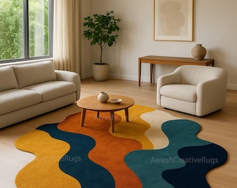 Hand Tufted Wool Rug | Abstract Wavy Design, Modern Colorful Area