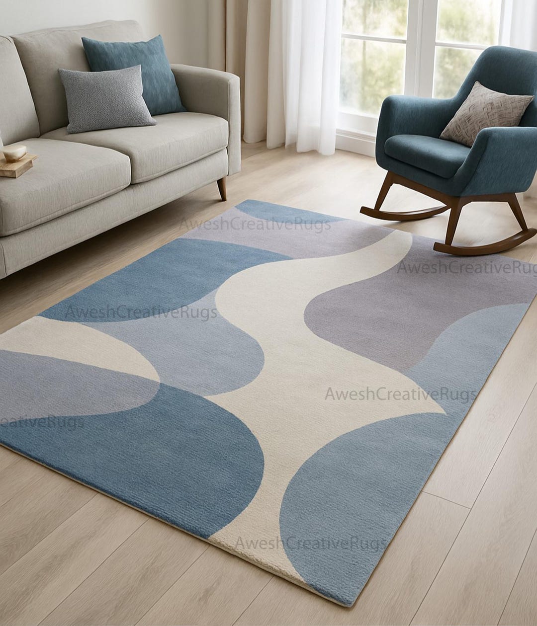 Blue Wave Wool Area Rug | Hand-tufted Abstract Design - Etsy