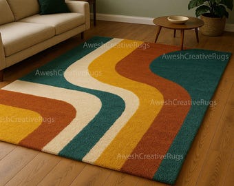Alfombra retro color verde azulado y mostaza / Alfombra geométrica moderna de mediados de siglo