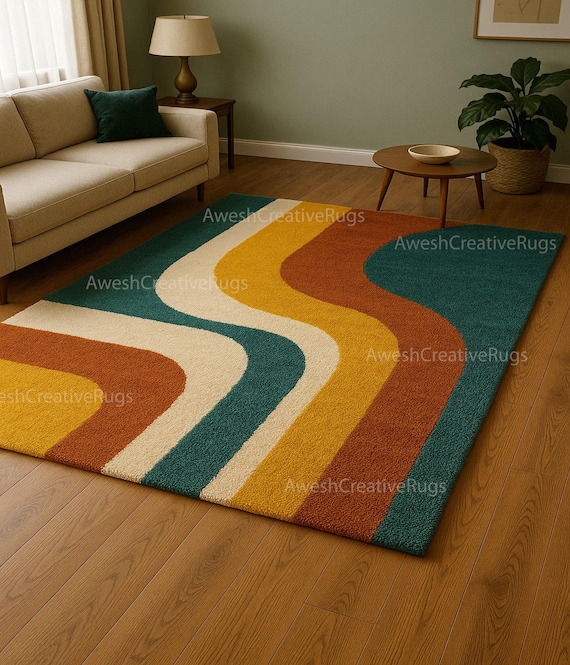 Teal & Mustard Retro Area Rug | Mid-Century Modern Geometric Carpet