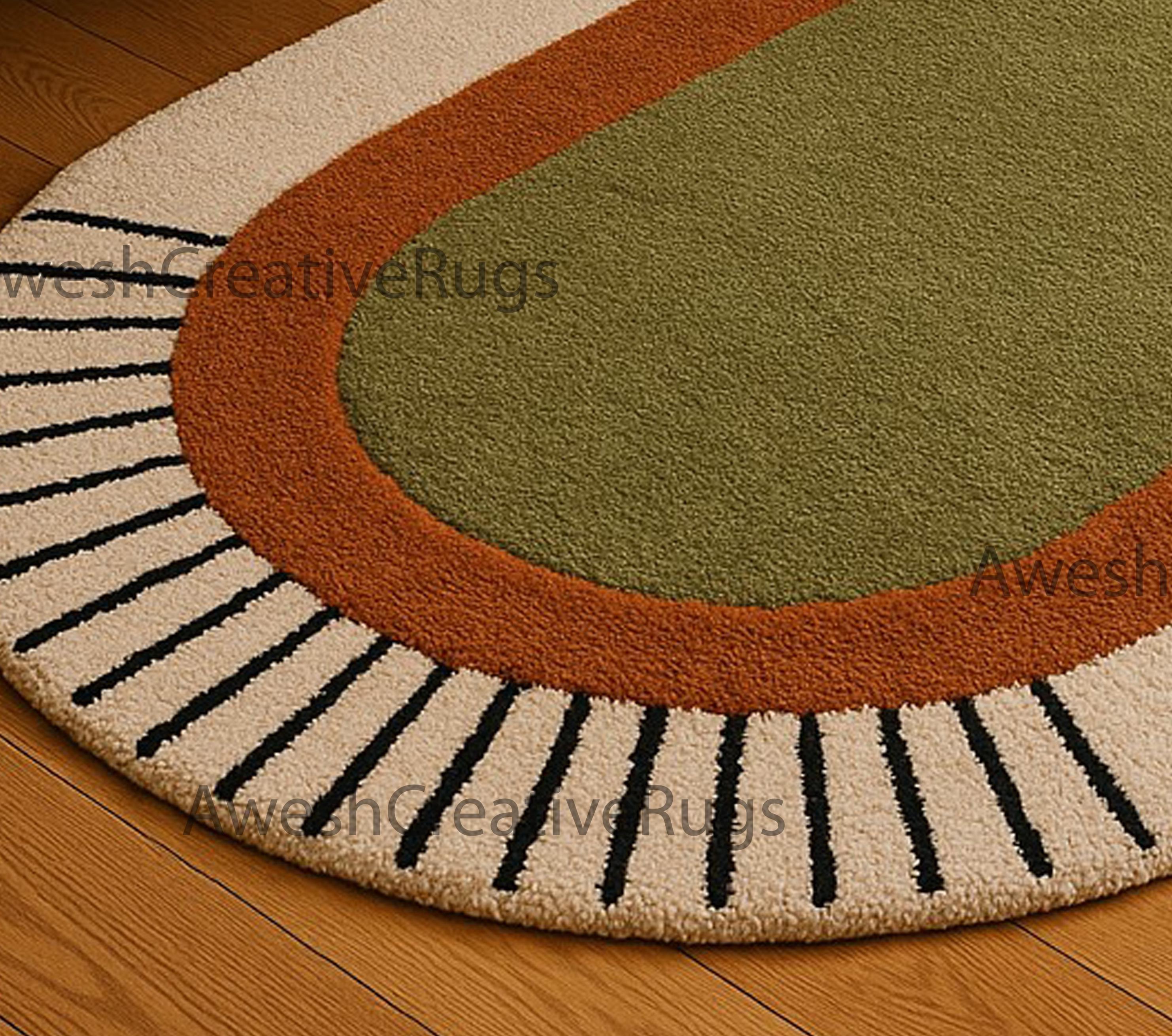 Oval Rust Rug Mid-century Modern Oval Rug: Retro Green & Rust Geometric, Tufted Wool ...