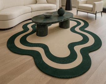 Handmade Green & Beige Wavy Border Wool Rug - Modern Retro Design