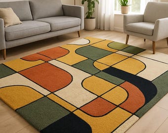 Geometric Area Rug | Mid-Century Modern, Abstract, Mustard, Olive, Navy