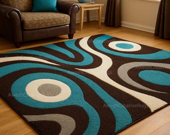 Alfombra abstracta moderna, alfombra de lana tejida a mano, alfombra azul y marrón de mediados de siglo, alfombra geométrica para sala de estar, alfombra de tamaño personalizado