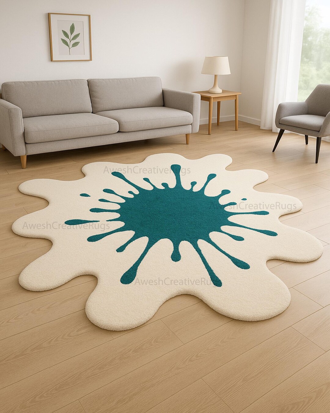 Teal Paint Splatter Rug: Hand-tufted Abstract Accent Mat - Etsy
