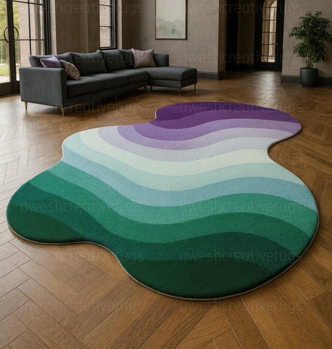 Wool Mix Abstract Rug Hand-tufted Wool Blend Abstract Rug: Green & Purple Gradient, Irregular ...