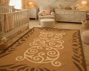 Handcrafted Nursery Rug | Beige Brown Ornamental Kids Carpet