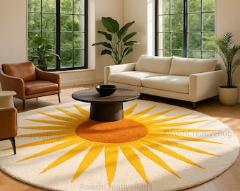Sunburst Rund Matta: Gul Orange Ullblandning, Boho Inredning