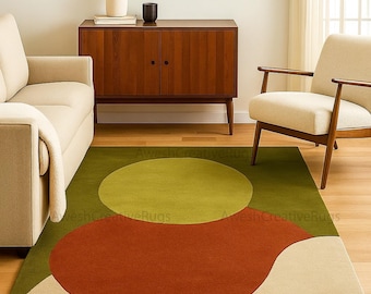 Mid Century Modern Wool Area Rug | Geometric Abstract, Olive Green