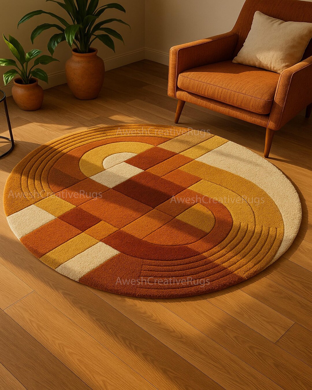 Eclectic Round Wool Rugs Handmade Wool Round Rug: Retro Geometric, Orange Mustard Boho Decor - Etsy