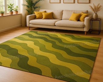 Green Wavy Area Rug: Retro Mid-Century Modern Style