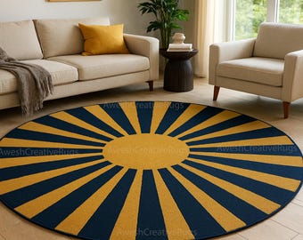 Sunburst Round Rug: Navy Blue & Mustard Geometric Carpet