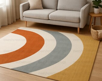 Modern Abstract Area Rug, Geometric Circle Rug, Mid Century Living Room Rug, Neutral Boho Carpet, Handmade Custom Rug