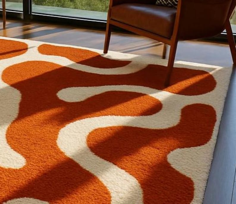 Orange Pattern Rug Textures Orange Wavy Abstract Rug | Mid-century Modern Plush Carpet - Etsy