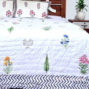 Pure Organic Cotton Quilt, Hand Block Print Bedspread, Handmade Kantha Throw, Indian Razai, Hand Stitch Kantha Quilt, Jaipur Quilt Razai