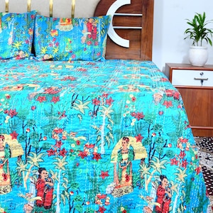 Indian Cotton Kantha Quilt Handmade Blanket Reversible Throw Bedding Bedspread Cotton Fabric Bobo quilt