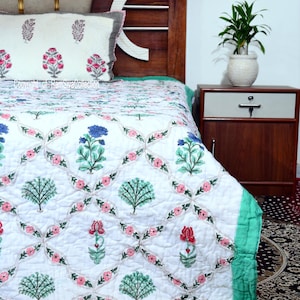 Cotton  Quilt Hand Block Printed Cotton Cloth Quilted Throw Blanket Cover for Couch and Bed Lap Bedding Oversized Puff Quilt, Bed Spread