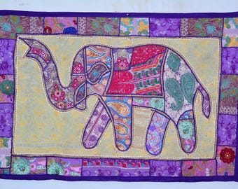 Tenture Murale Indienne Faite Main – Éléphant Brodé, Style Boho, Grande Taille