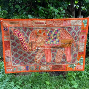Sari Patchwork Vintage Wall Hanging Tapestry , Decorative Wall Decor Curtain, Large Indian Handmade Mirror Work Tapestry