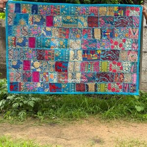 Indian Tapestrie  Patchwork  Heavy Embroidered Wall Hanging,   Vintage Sari Zari Work Tapestry, Handmade Wall Tapestry Light  Colour