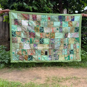 Indian Tapestrie  Patchwork  Heavy Embroidered Wall Hanging,   Vintage Sari Zari Work Tapestry, Handmade Wall Tapestry Light  Colour