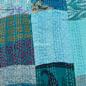 Recycled Indian Sari Silk Patchwork Blanket,Handmade Kantha Quilt