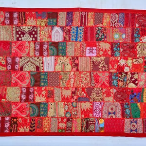 Indian Tapestries Multi Patchwork Beads Runner, Heavy Embroidered Wall Hanging, Vintage Sari Zari Work Tapestry, Handmade Throw Decoratives