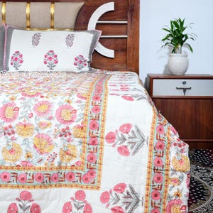 Beautiful Hand Block Print Reversible Quilt, Pure Organic Cotton Quilt, Handmade Queen Bedspread, Anokhi Quilt, Indian Bedspread Blanket