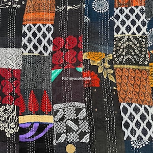 Multi Recycled Indian Sari Patchwork Blanket,Handmade Kantha Quilt