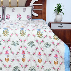 New Handmade Quilt Hand Block Printed Cotton Cloth Quilted Throw Blanket Cover for Couch and Bed Lap Bedding Oversized Quilt