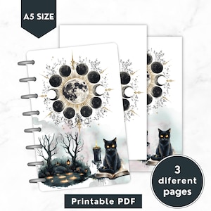 May include: A5 size printable PDF planner with a celestial design. The cover features a moon phase illustration with a black cat, candle, and a spooky landscape. The planner includes three different pages. The text "Printable PDF" is visible.
