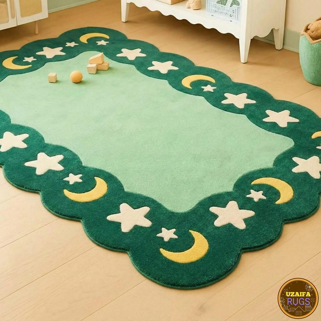 Kids Moon & Stars Scalloped Rug – Handmade Mint Green Nursery Playroom ...
