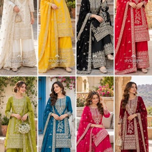 Może przedstawiać: Kolekcja ośmiu trzyczęściowych zestawów salwar kameez w różnych kolorach, w tym białym, żółtym, czarnym, czerwonym, oliwkowym, morskim, różowym i bordowym. Każdy zestaw zawiera tunikę z długim rękawem, szerokie spodnie oraz haftowaną dupattę.