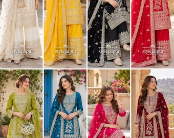 Yellow Salwar Kameez Readymade Suit, Women Wear Red Kurta Palazzo Dupatta Set, Embroidered Sequence Kurti Pant Set 3Pc Combo Stitched Suit