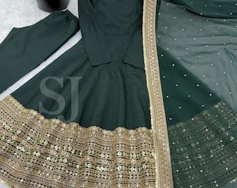 Green Anarkali Gown, Roman Silk, Codding Sequence Work, Wedding Festival Outfit