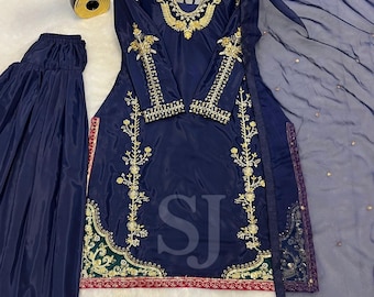 Blue Silk Salwar Kameez Readymade Suit Set, Indian Designer Palazzo Kurta Set With Dupatta Set, 3 Piece Combo Set, Fully Stitched Salwar Set