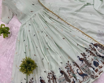 Light Green Chinon Embroidered Anarkali Gown Set With Dupatta, Indian Salwar Kameez